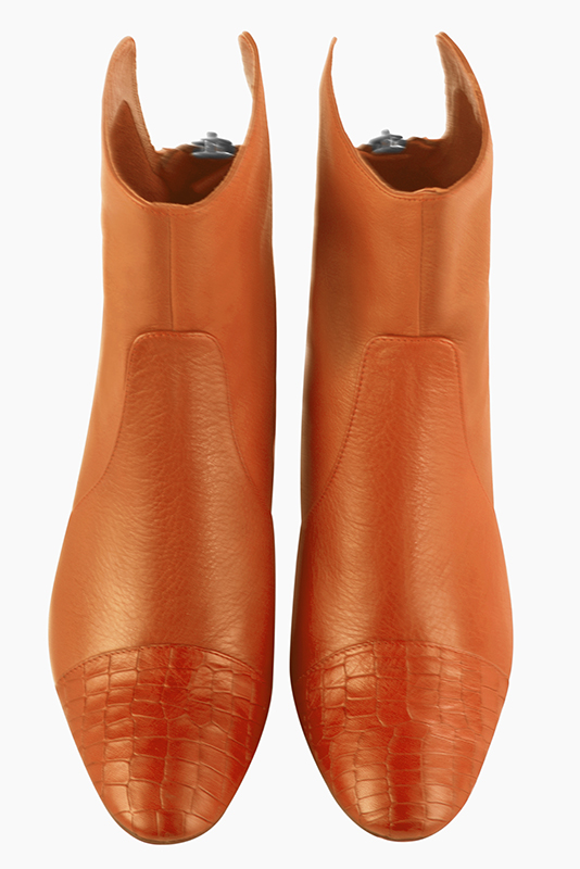 Apricot orange women's ankle boots with a zip at the back. Round toe. Medium block heels. Top view - Florence KOOIJMAN